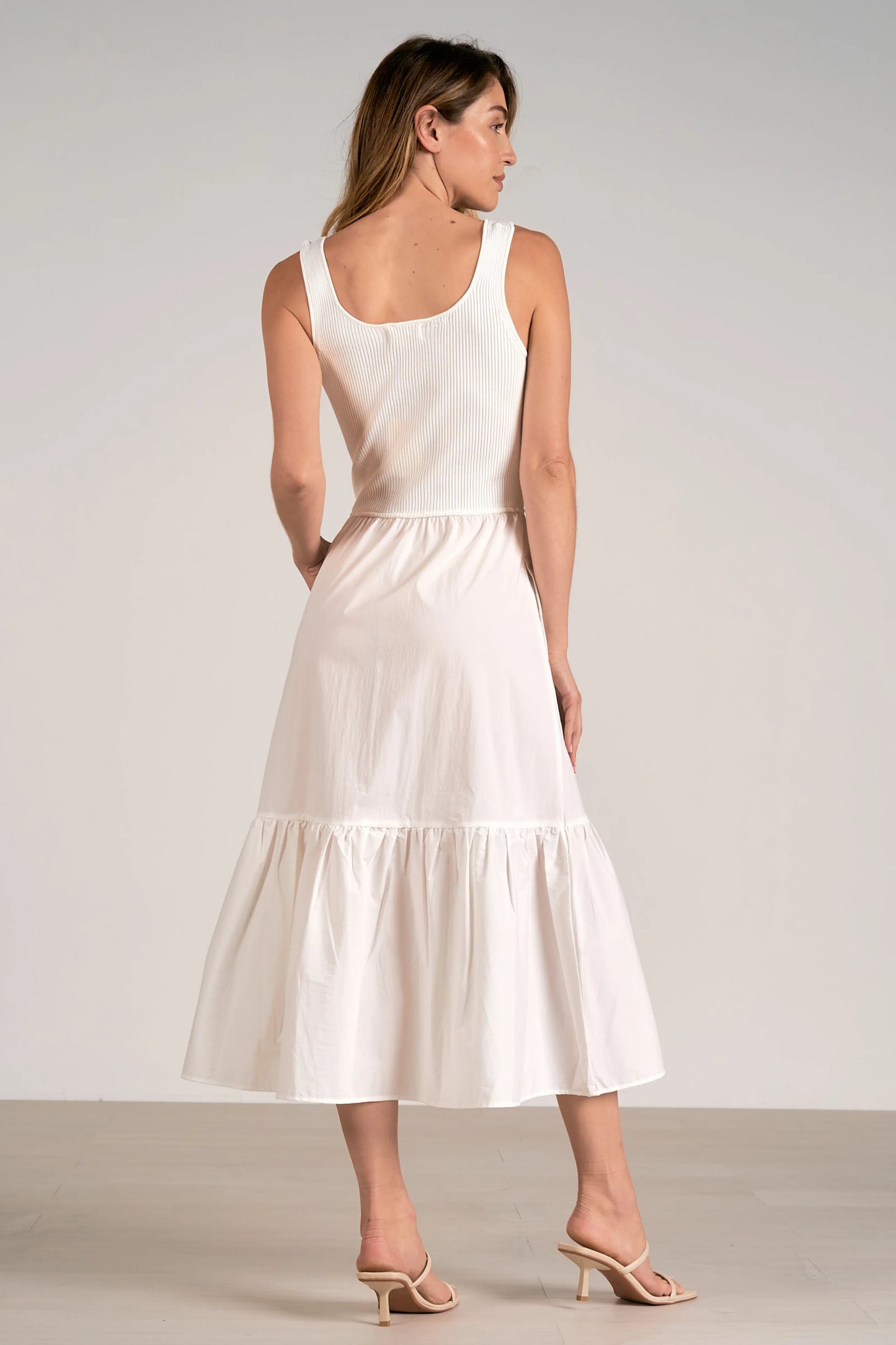 Knit Tank and Woven Skirt Tiered Midi Dress