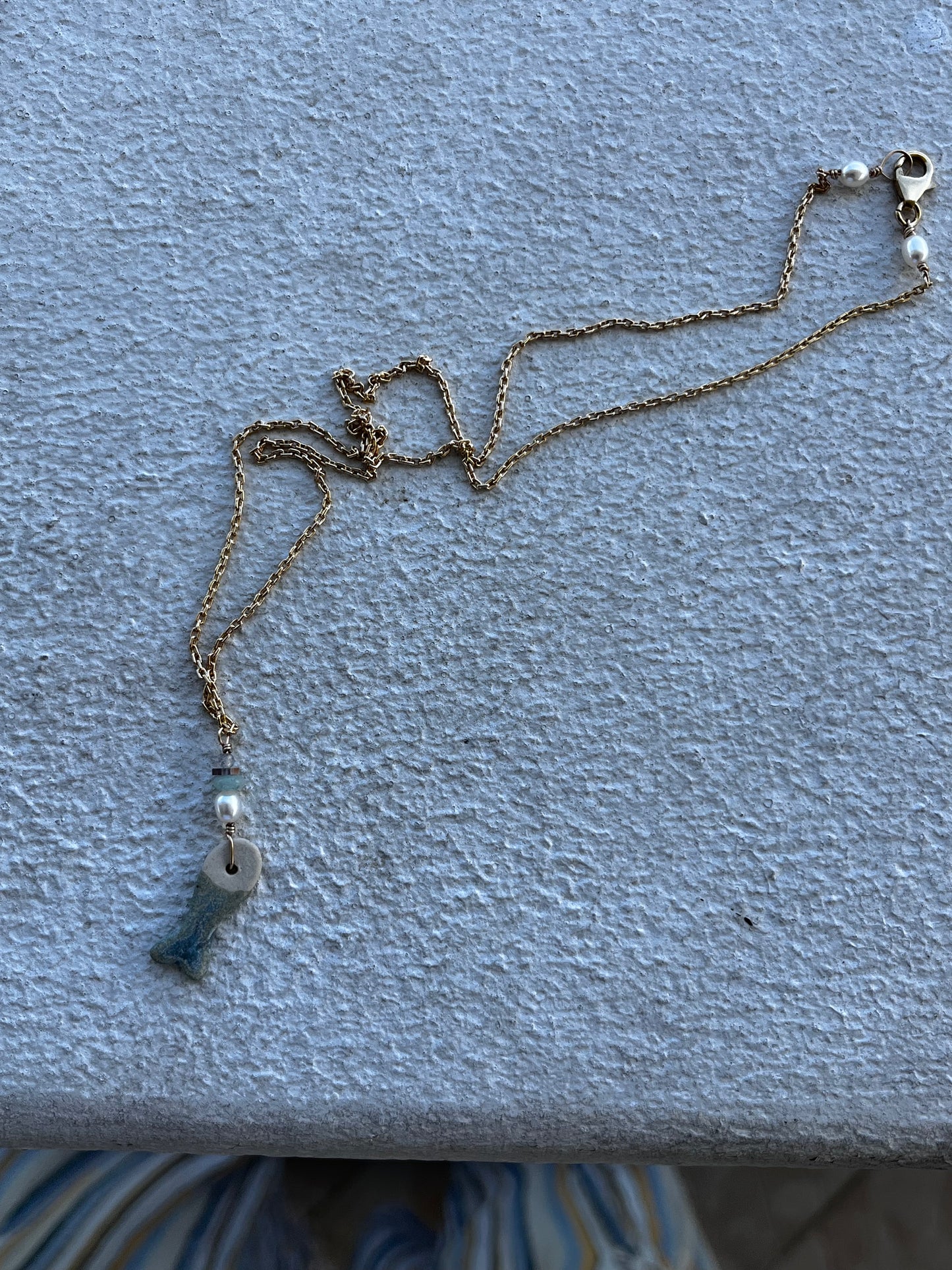 Ceramic Fish, Pearl, and Gem 14/20 Necklace