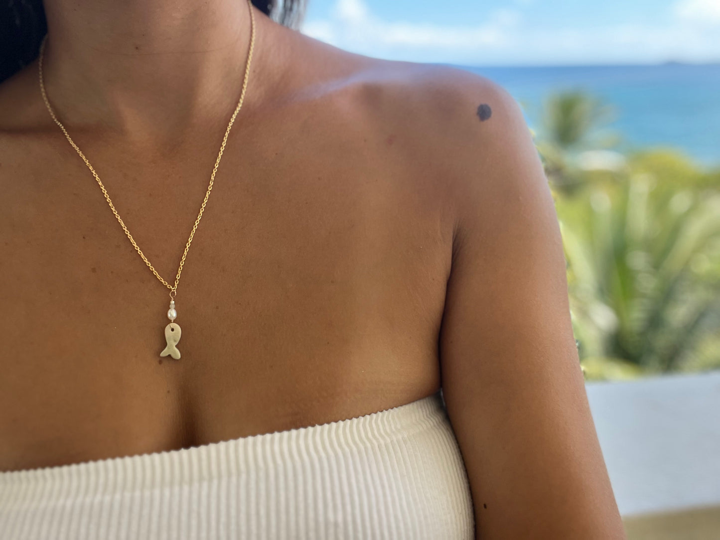Ceramic Fish, Pearl, and Gem 14/20 Necklace